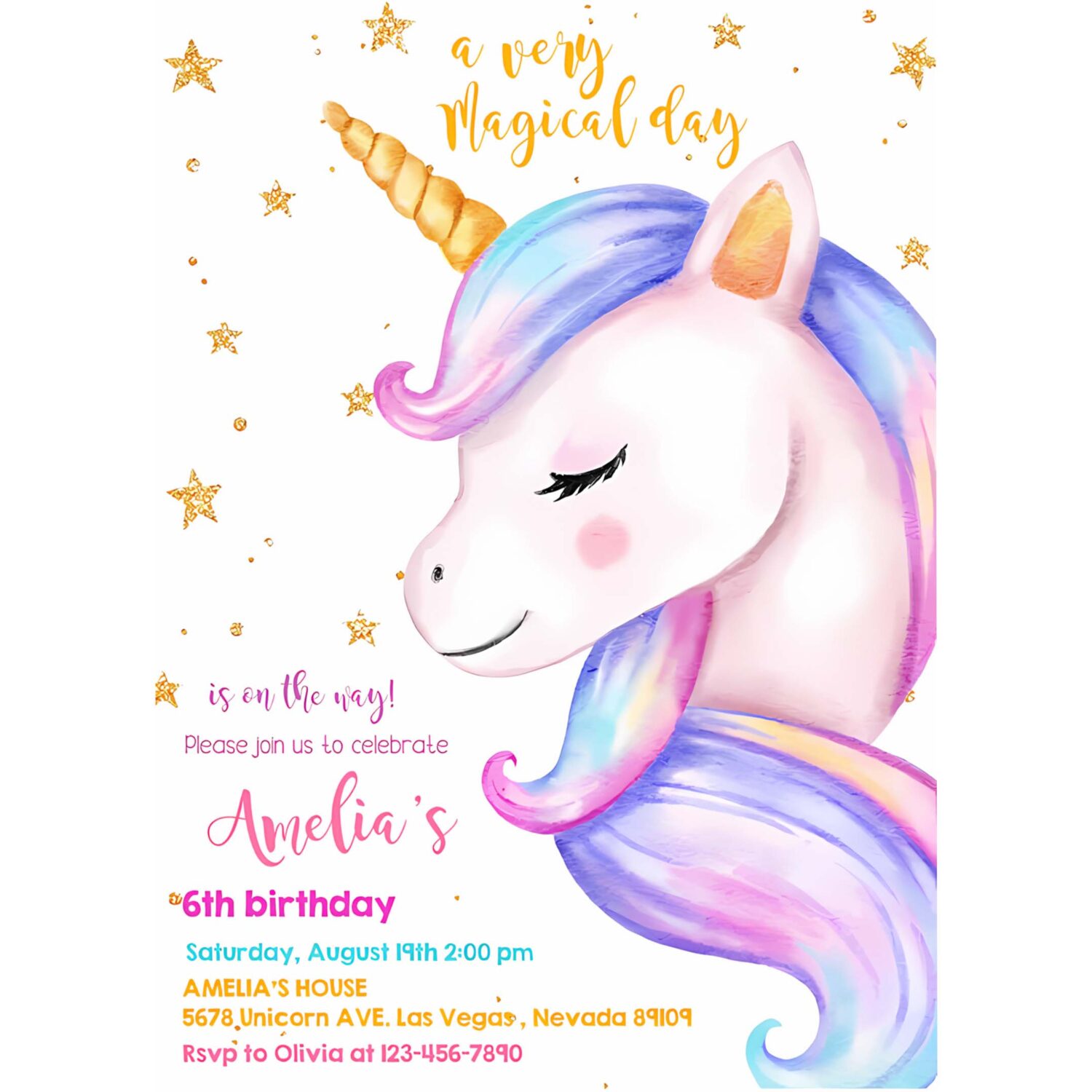 Unicorn birthday invitation rainbow party gold glitter pink girl magical day invites editable printable template 4