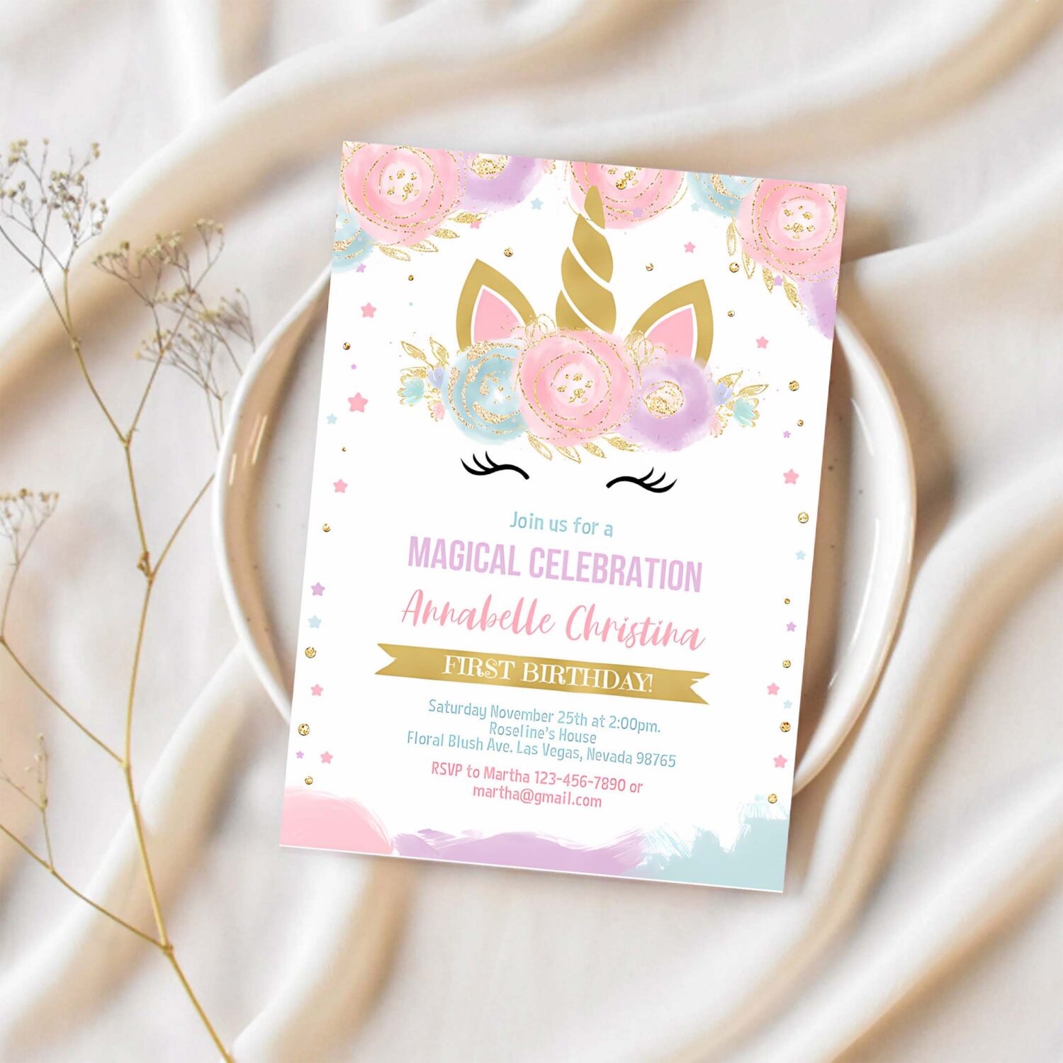 Unicorn invitation editable unicorn party invite unicorn birthday invitations magical unicorn invite girl gold template 1