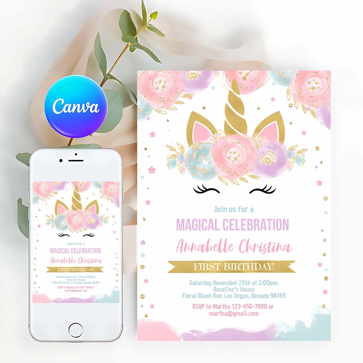 Unicorn invitation editable unicorn party invite unicorn birthday invitations magical unicorn invite girl gold template