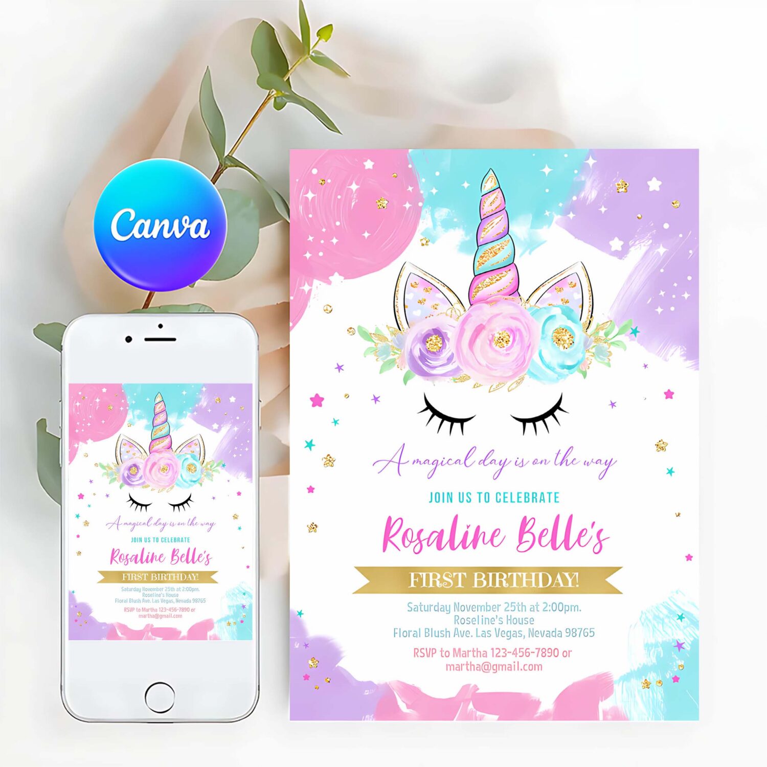 Unicorn invitation editable unicorn party unicorn birthday invitations magical unicorn invite girl gold template