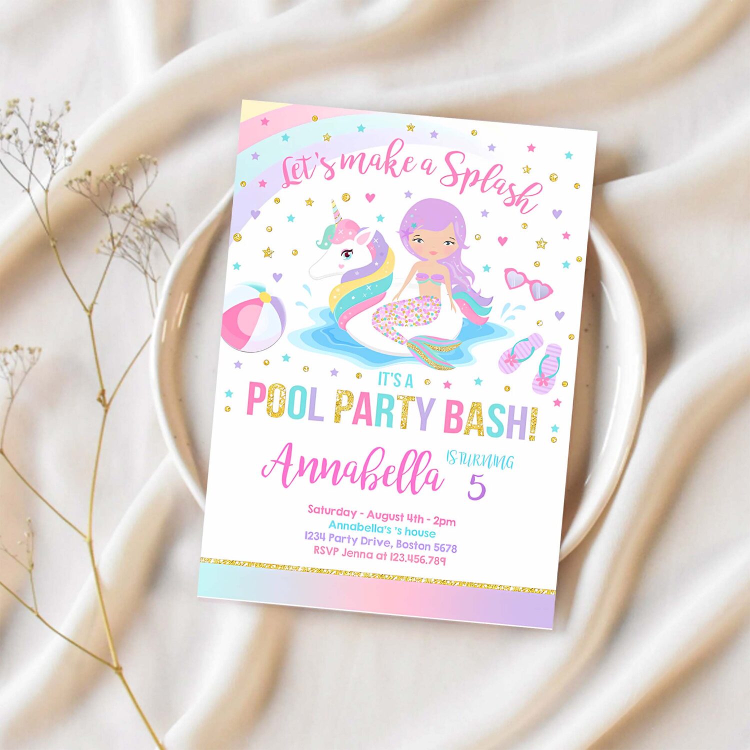 Unicorn pool party invitation unicorn mermaid pool party invite unicorn pool float pool party bash 1