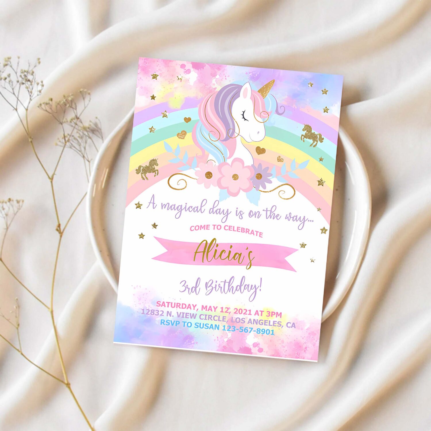 Unicorn and rainbow birthday invitation girl birthday party invite 1