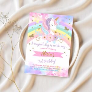 Unicorn and rainbow birthday invitation girl birthday party invite 1