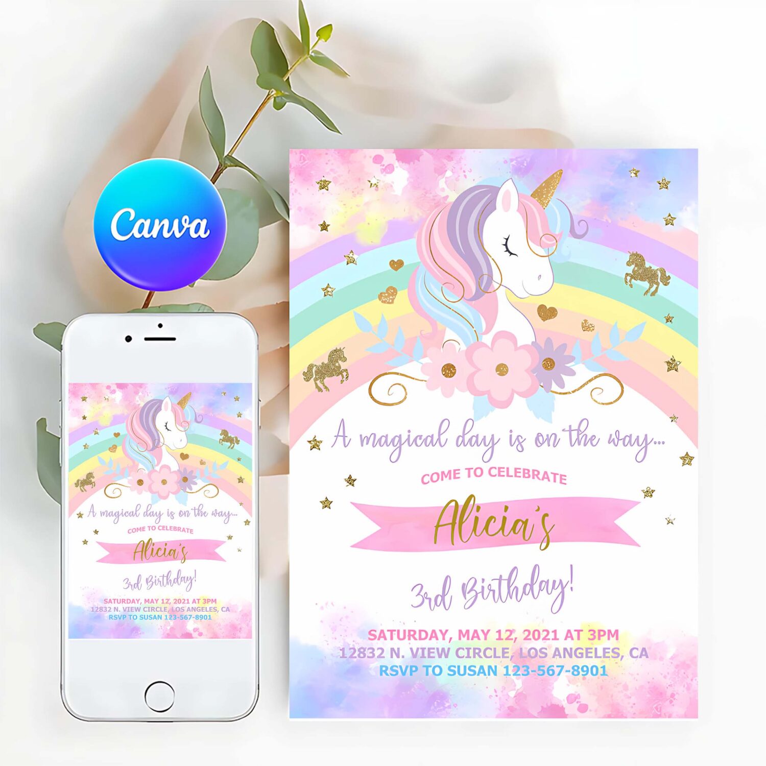 Unicorn and rainbow birthday invitation girl birthday party invite