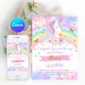 Rainbow Invitation, Unicorn and rainbow birthday Invitation, girl birthday party invite