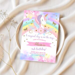 Unicorn and rainbow birthday invitation girl birthday party invite digital printable corjl editable rainbow unicorn flowers gold glitter 1