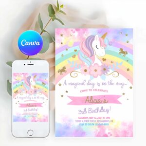 Rainbow Invitation, Unicorn And Rainbow Birthday Invitation, Girl Birthday Party Invitation, Rainbow Unicorn Invitation