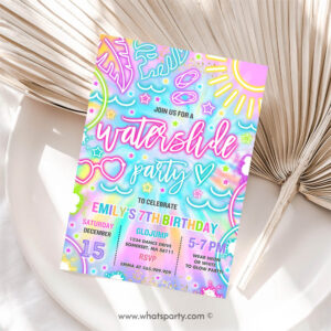 Tie Dye Invitation, Water Slide Birthday Party Invitation, Glow Neon Tie Dye Summer Water Slide Splash Pad Water Park Birthday Party