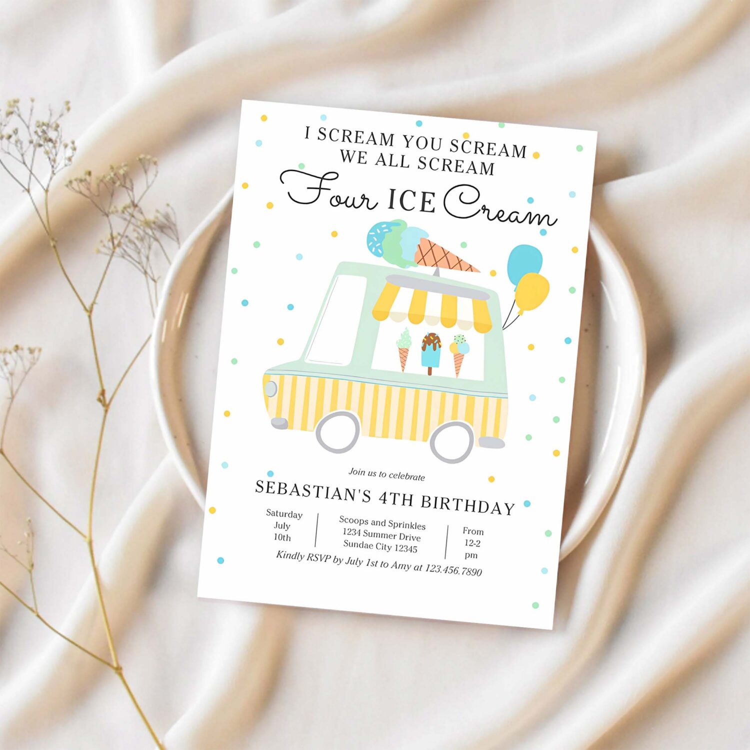 We all scream four ice cream 4th birthday party invitation g14l 1