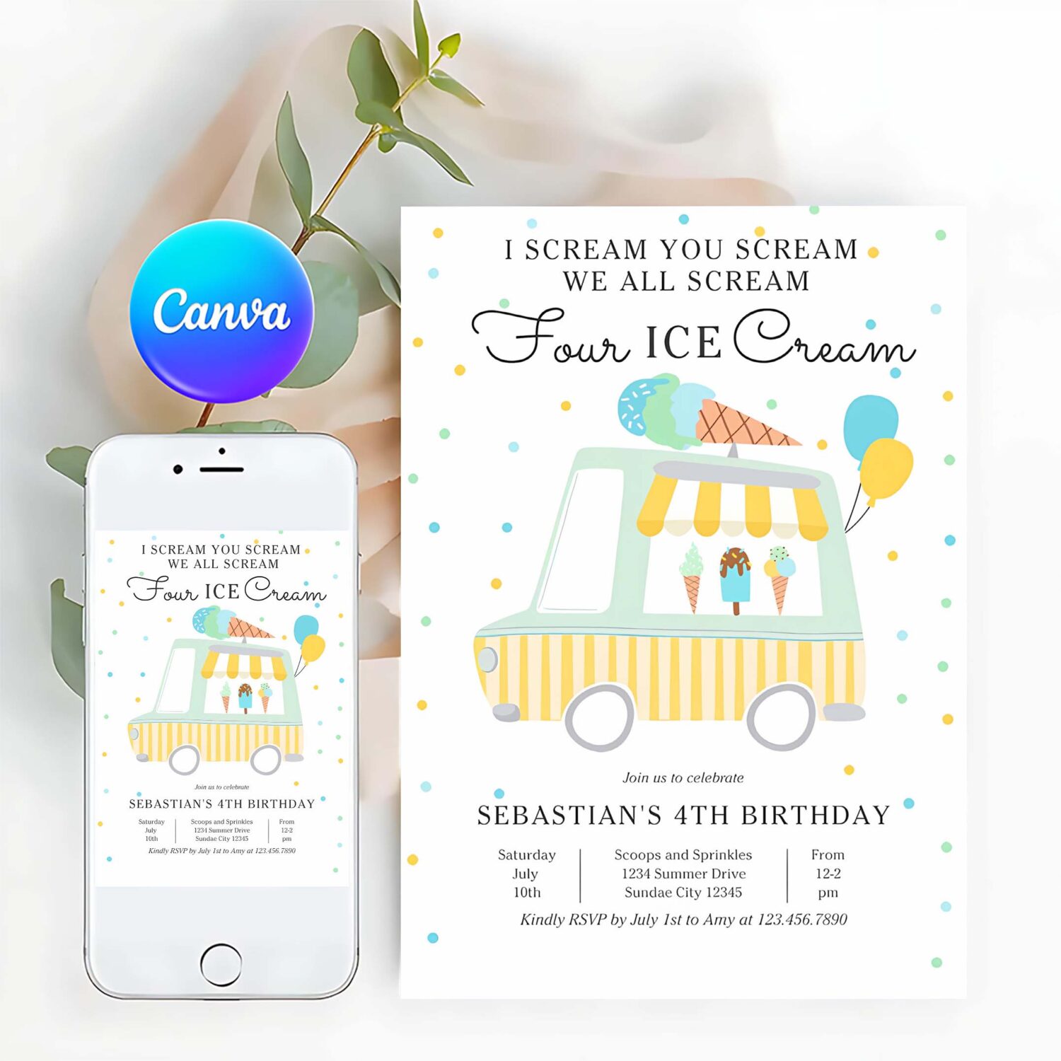 We all scream four ice cream 4th birthday party invitation g14l