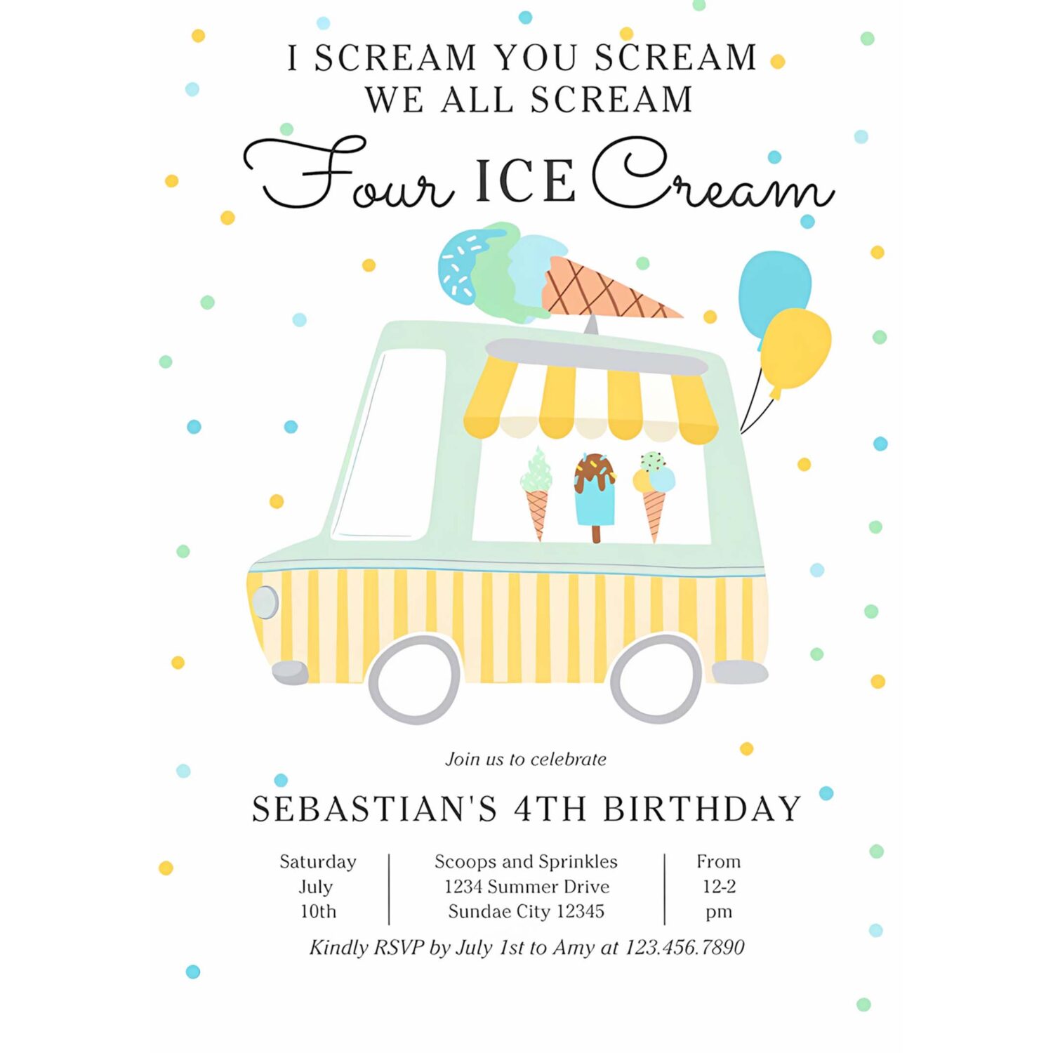 We all scream four ice cream 4th birthday party invitation g14l 4