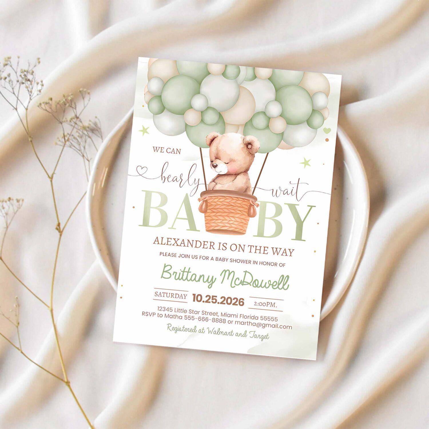 We can bearly wait baby shower invitation green teddy bear hot air balloon bear theme invite 1