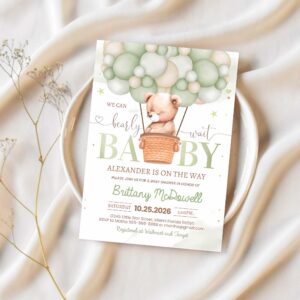 We can bearly wait baby shower invitation green teddy bear hot air balloon bear theme invite 1