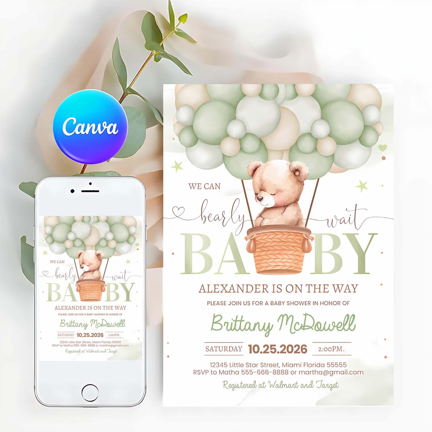 We can bearly wait baby shower invitation green teddy bear hot air balloon bear theme invite