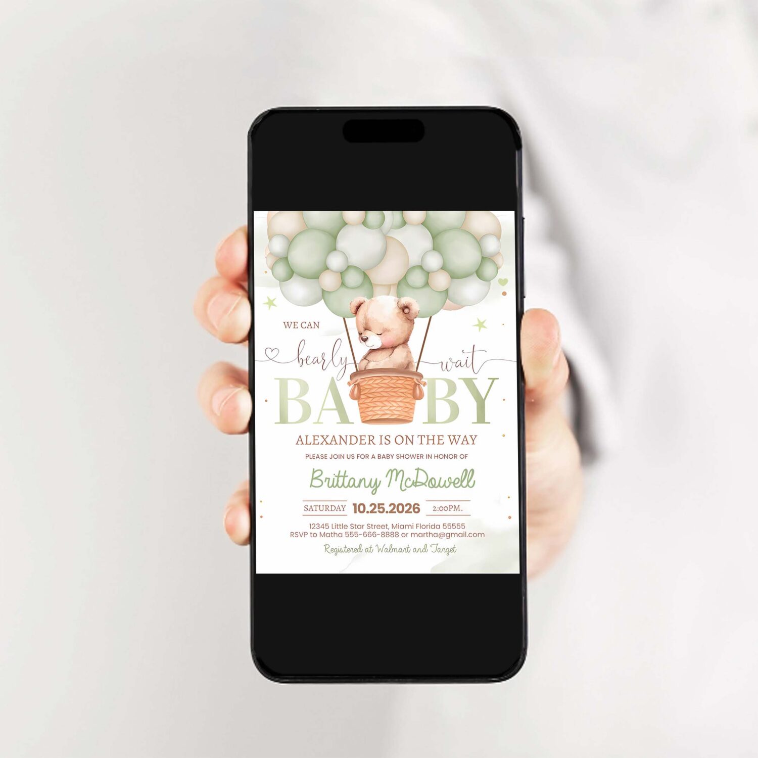 We can bearly wait baby shower invitation green teddy bear hot air balloon bear theme invite 2
