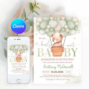 Teddy Bear Invitation, We Can Bearly Wait Baby Shower Invitation Green Teddy Bear Hot Air Balloon Bear Theme Invite