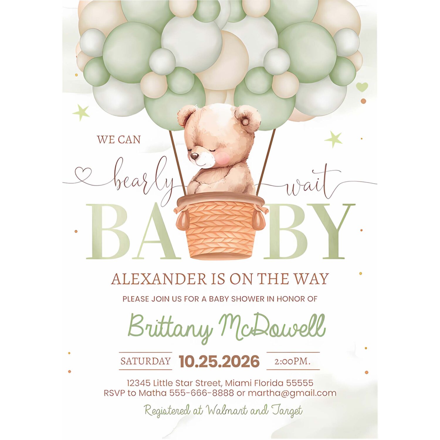 We can bearly wait baby shower invitation green teddy bear hot air balloon bear theme invite 4