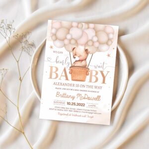 We can bearly wait baby shower invitation teddy bear hot air balloon bear theme invites 1
