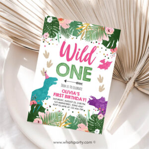 Wild One Invitation, Wild One Birthday Invitation, Dinosaur Dino Party Girl 1st First Birthday Pink Purple