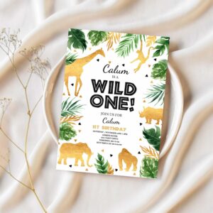 Wild one birthday invitation safari animals invitation boy jungle safari animal party gold wild one party 1