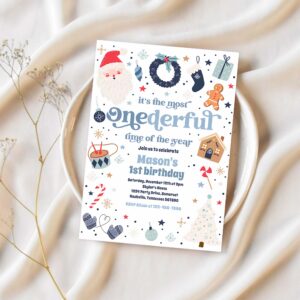 Winter onederful blue christmas birthday party invitation c77y 1