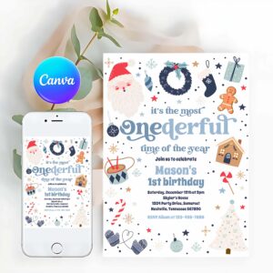 Winter Invitation, Winter ONEderful Blue Christmas Birthday Party Invitation