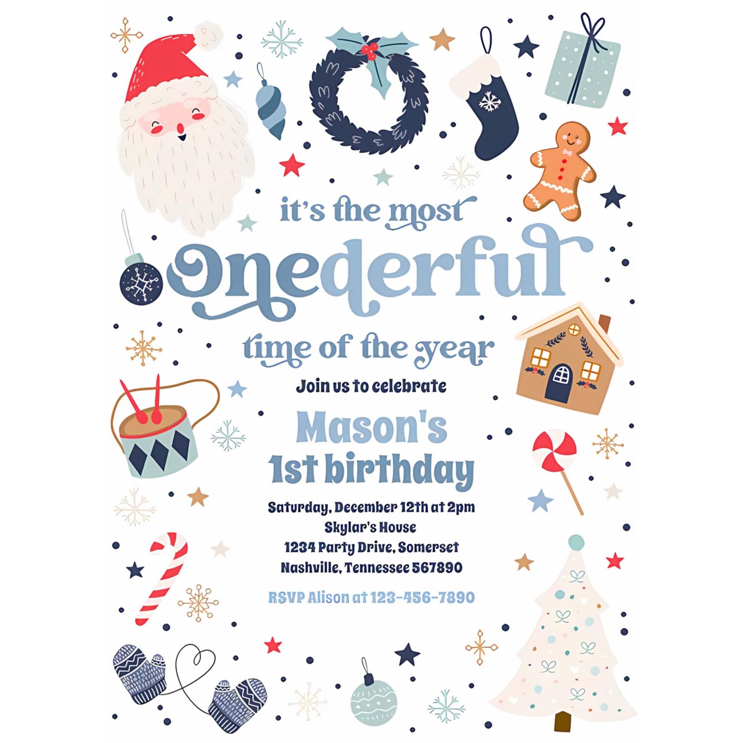 Winter onederful blue christmas birthday party invitation c77y 4