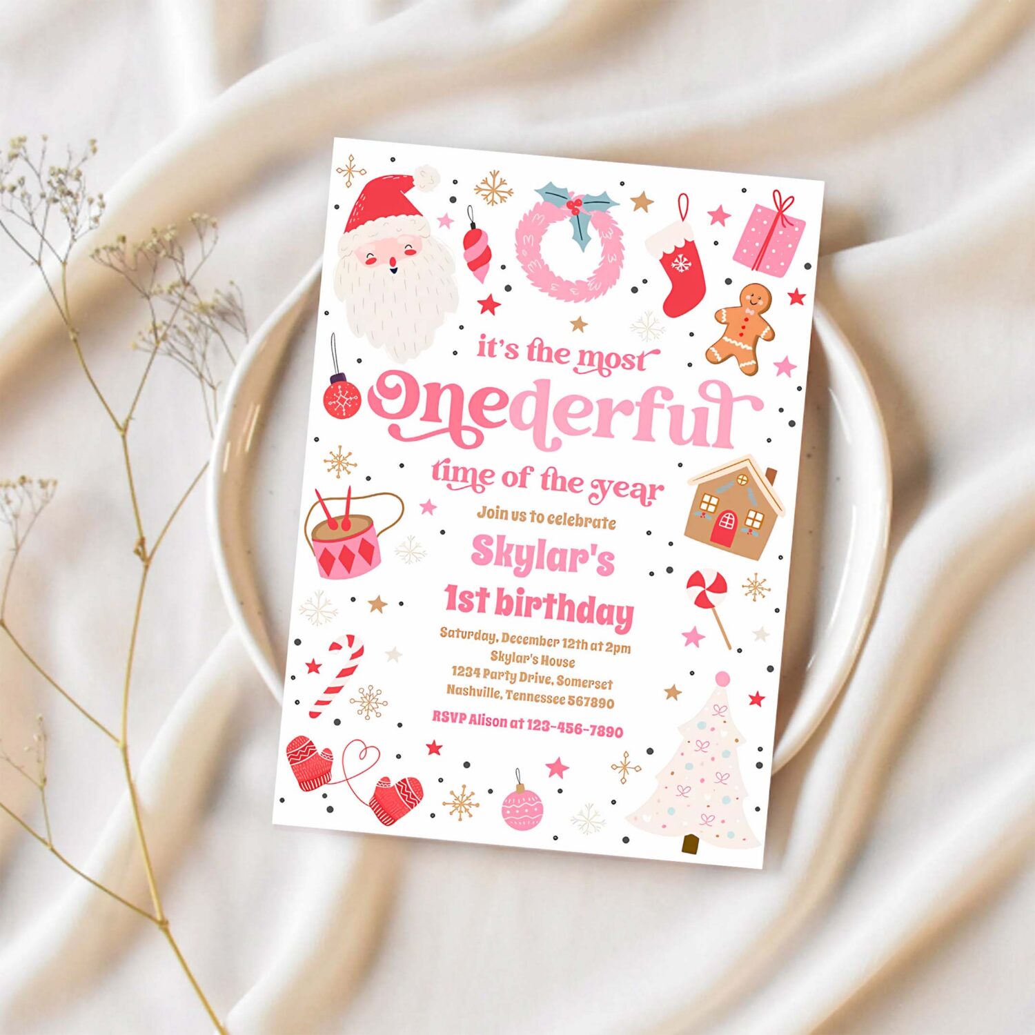 Winter onederful pink christmas birthday party invitation x29i 1