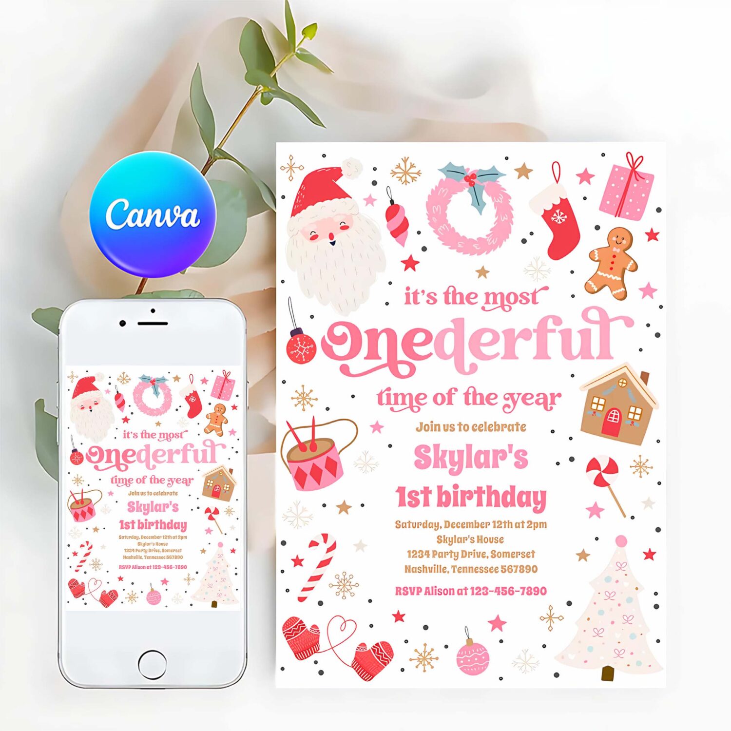 Winter onederful pink christmas birthday party invitation x29i
