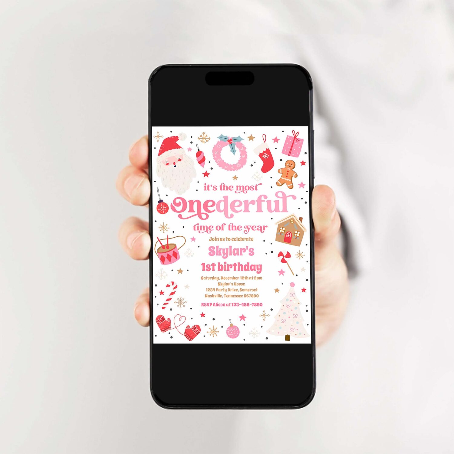 Winter onederful pink christmas birthday party invitation x29i 2