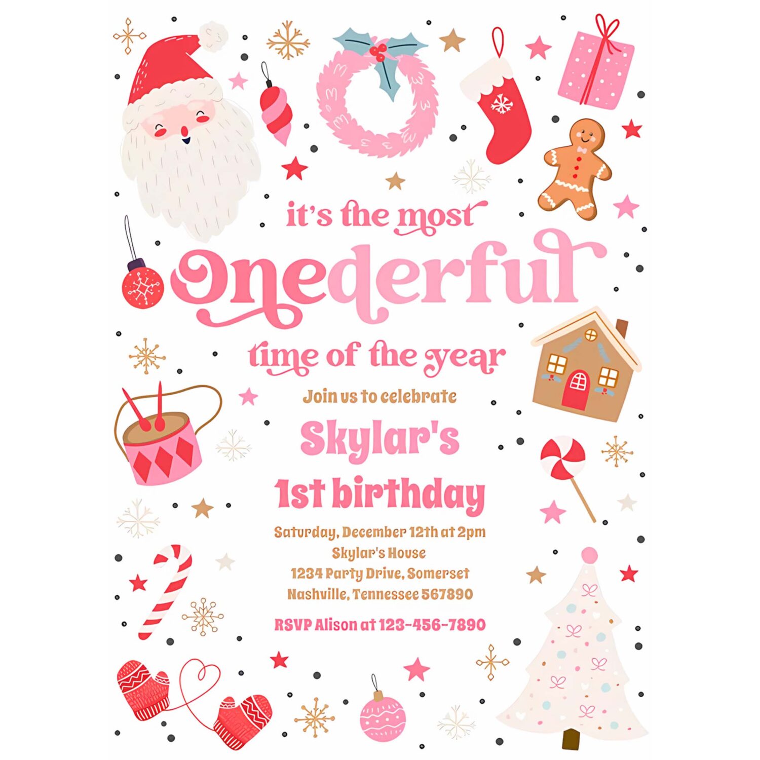 Winter onederful pink christmas birthday party invitation x29i 4