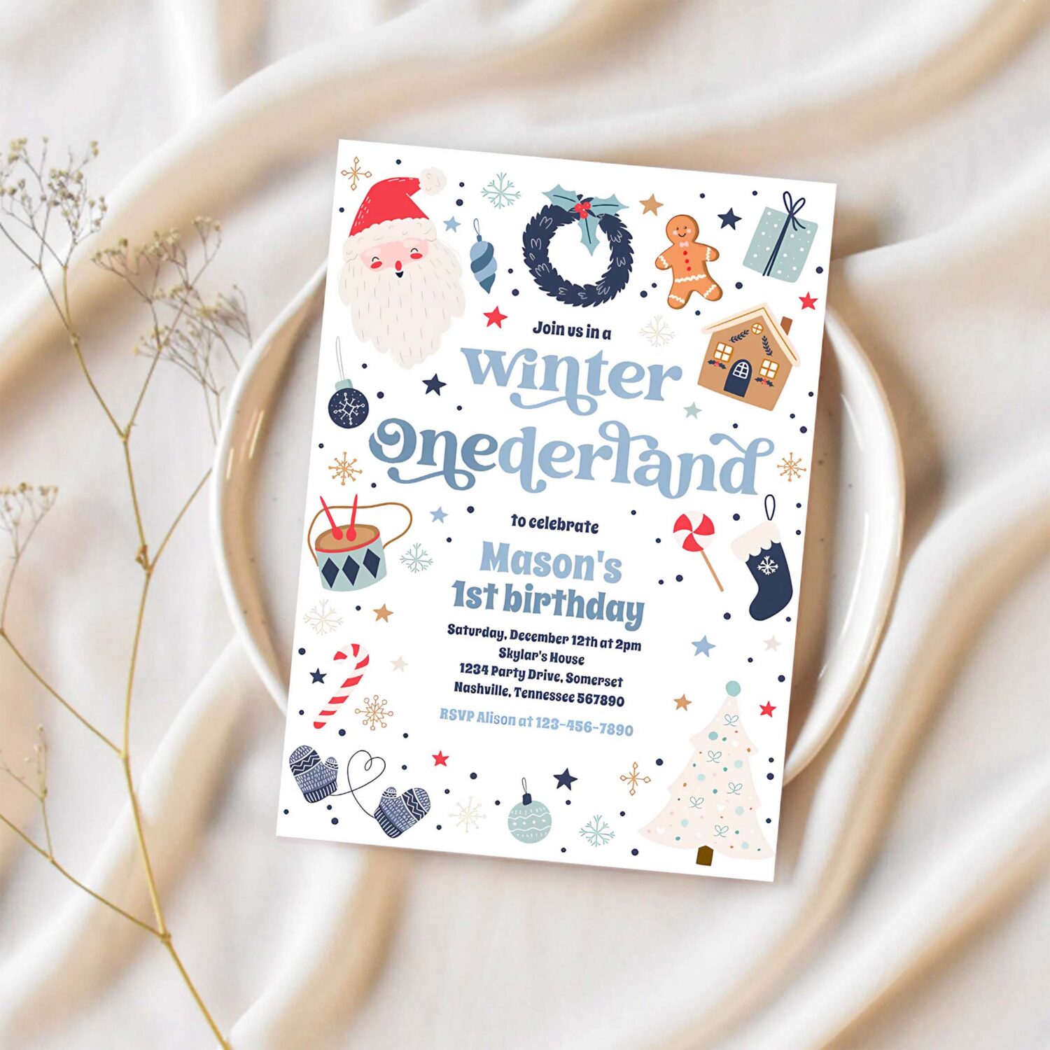 Winter onederland blue christmas birthday party invitation n97o 1