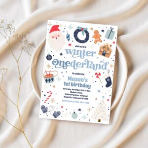 Winter onederland blue christmas birthday party invitation n97o 1