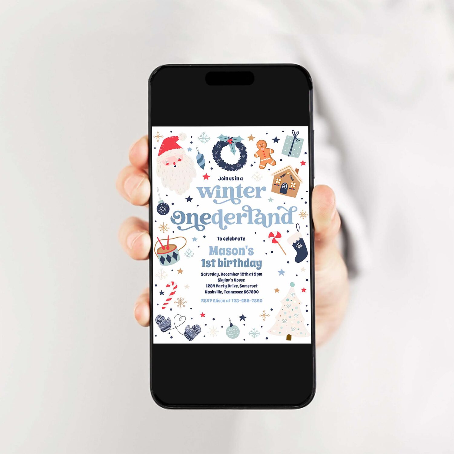Winter onederland blue christmas birthday party invitation n97o 2