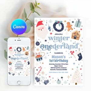 Winter ONEderland Invitation, Winter ONEderland Blue Christmas Birthday Party Invitation