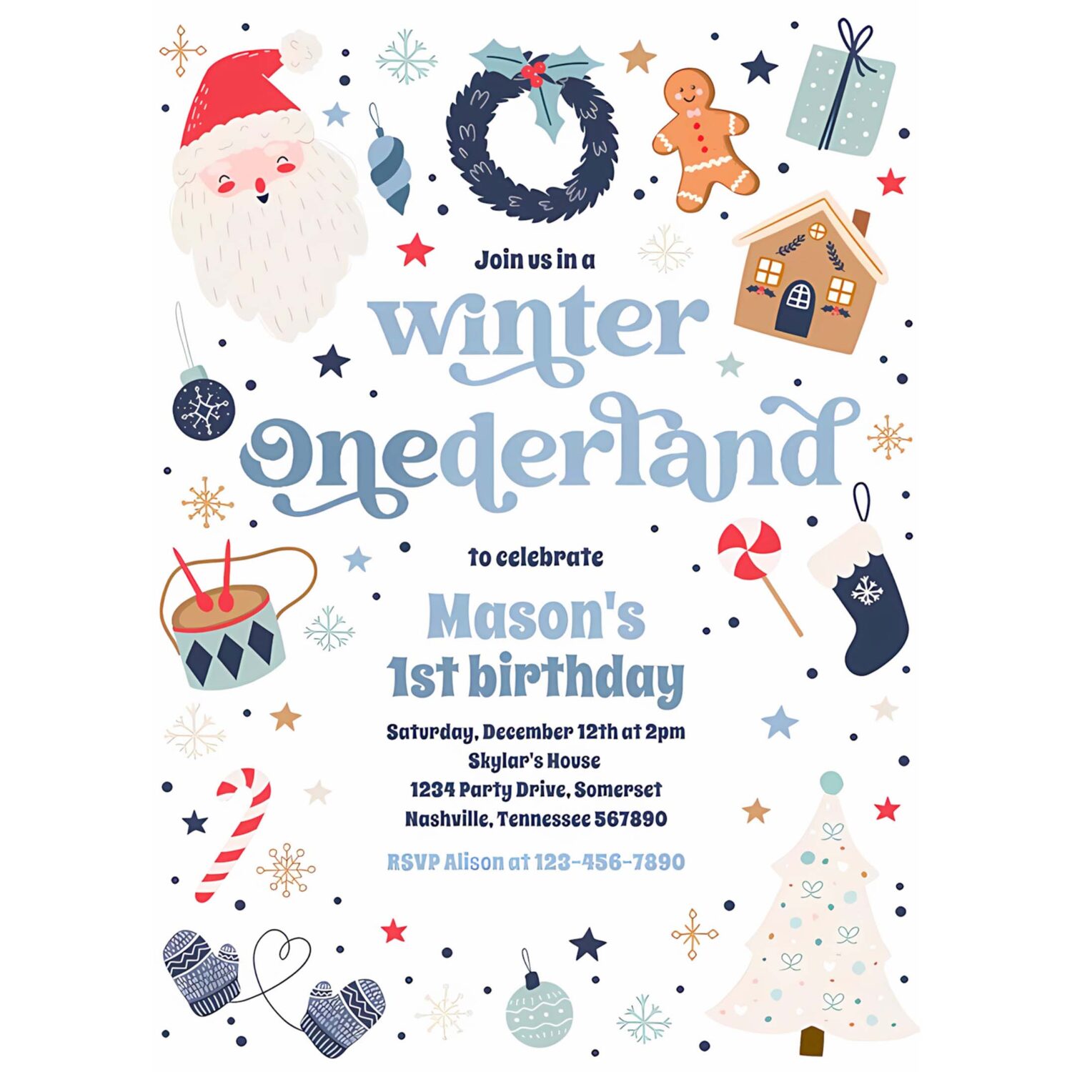 Winter onederland blue christmas birthday party invitation n97o 4