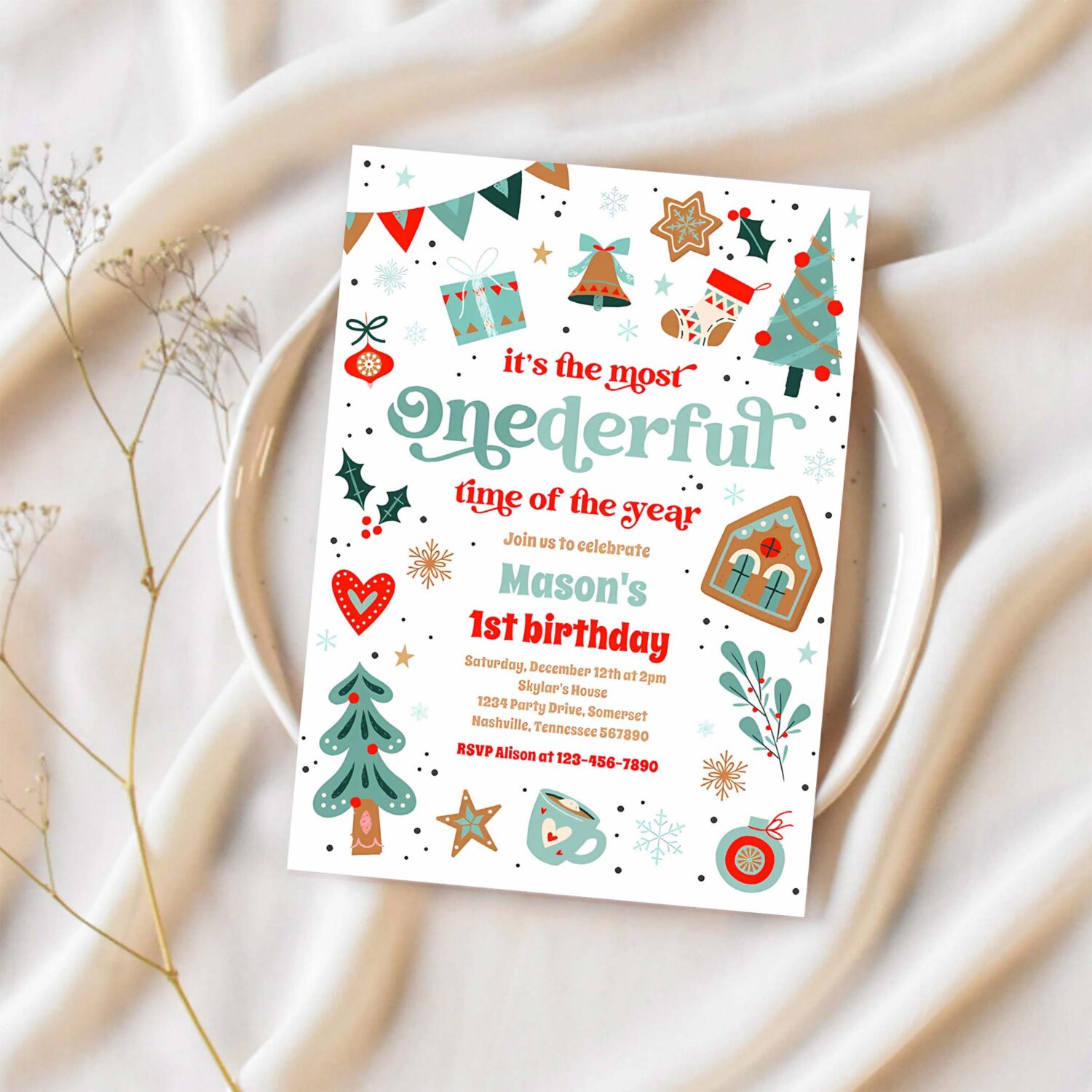 Winter onederland blue christmas birthday party invitation p87j 1