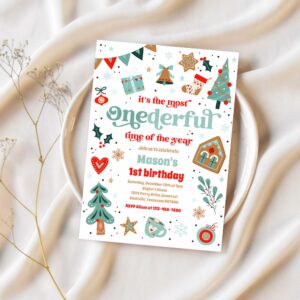 Winter onederland blue christmas birthday party invitation p87j 1