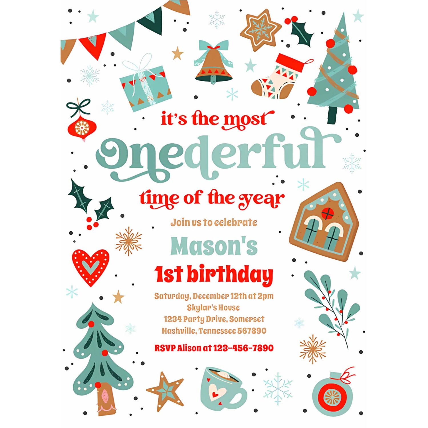Winter onederland blue christmas birthday party invitation p87j 4