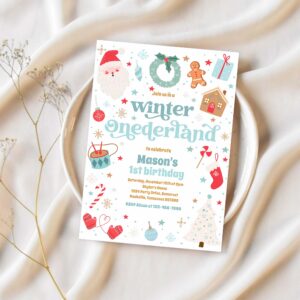 Winter onederland blue christmas birthday party invitation r40r 1