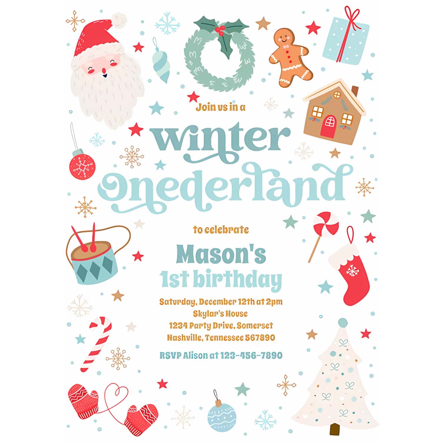 Winter onederland blue christmas birthday party invitation r40r 4