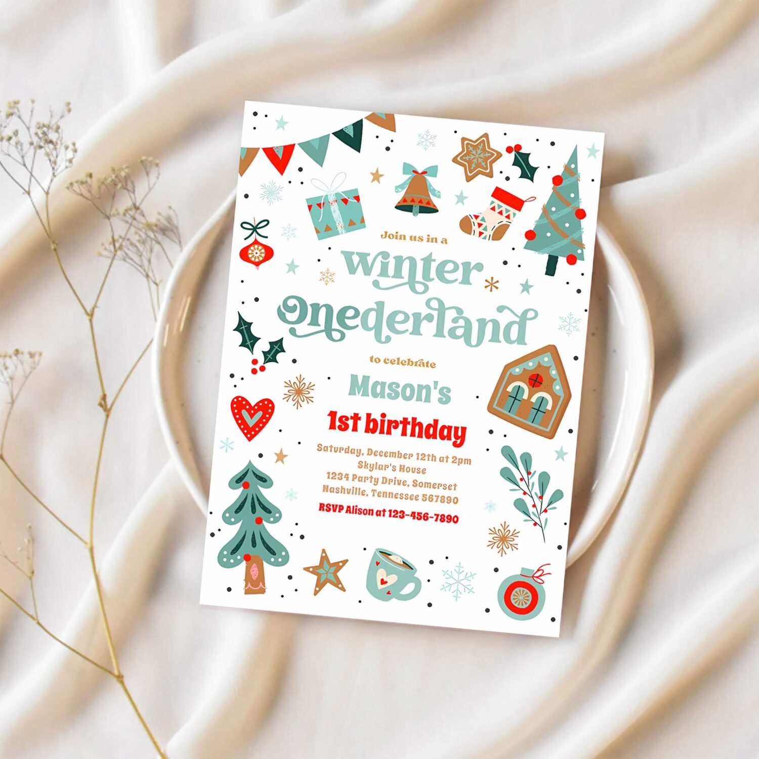 Winter onederland blue christmas birthday party invitation u94a 1