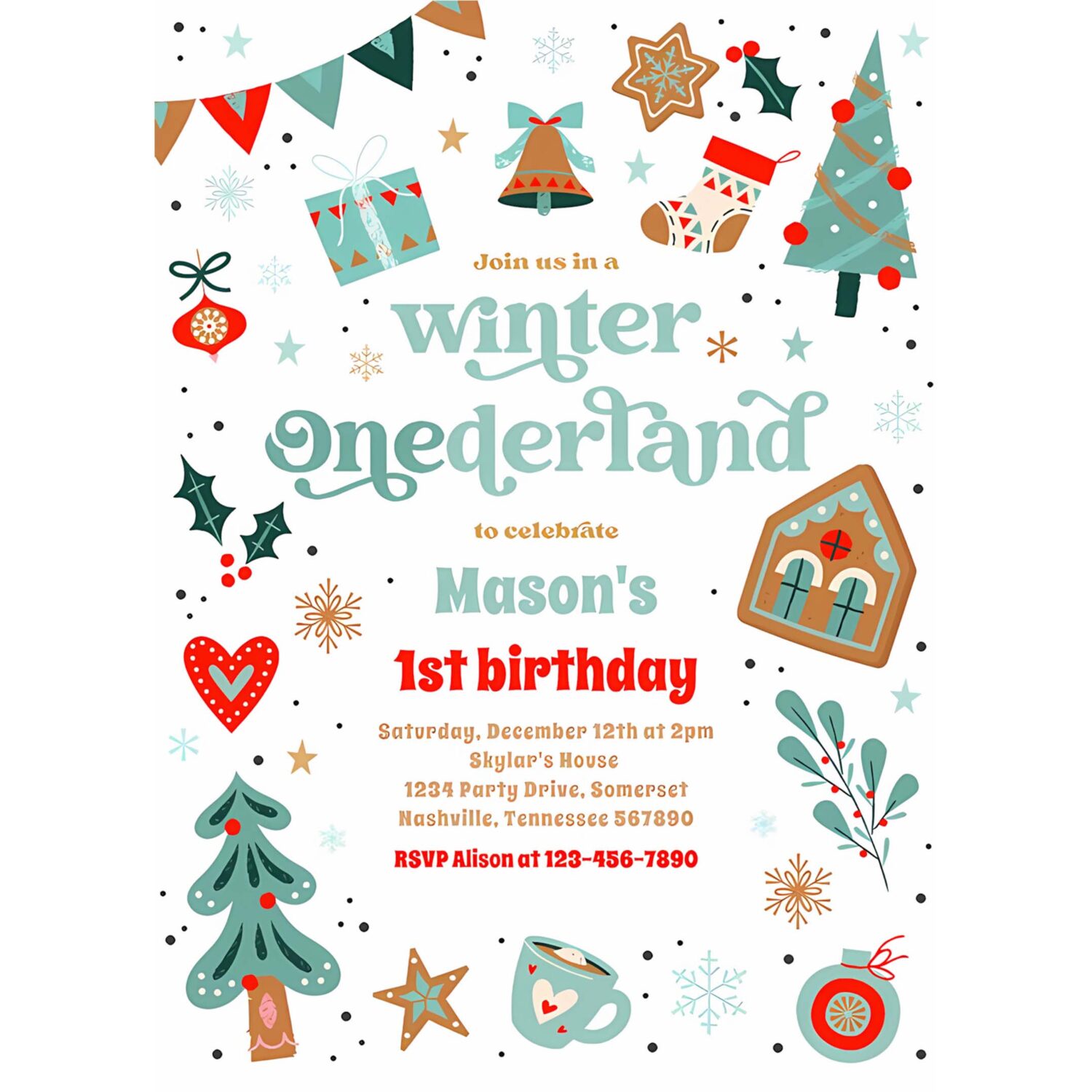 Winter onederland blue christmas birthday party invitation u94a 4