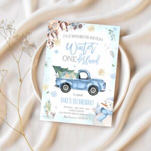 Winter onederland invitation winter truck 1st birthday invitation rustic blue truck winter onederland party 1