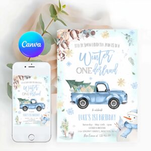 Winter Invitation, Winter Truck 1st Birthday Invitation, Rustic Blue Truck Winter ONEderland Party Invitation