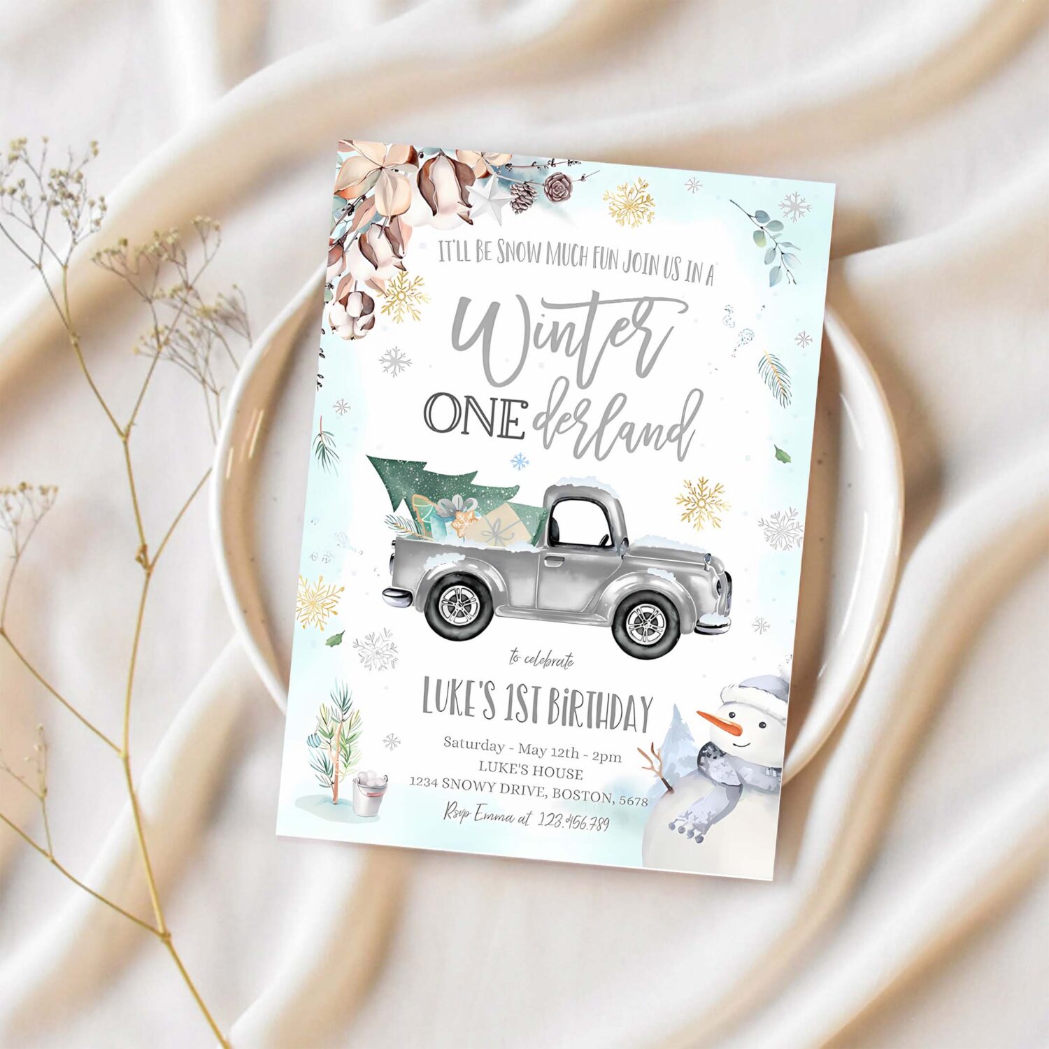 Winter onederland invitation winter truck 1st birthday invitation rustic grey truck winter onederland party 1