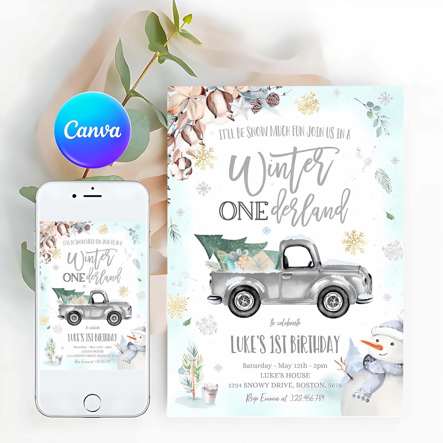 Winter onederland invitation winter truck 1st birthday invitation rustic grey truck winter onederland party