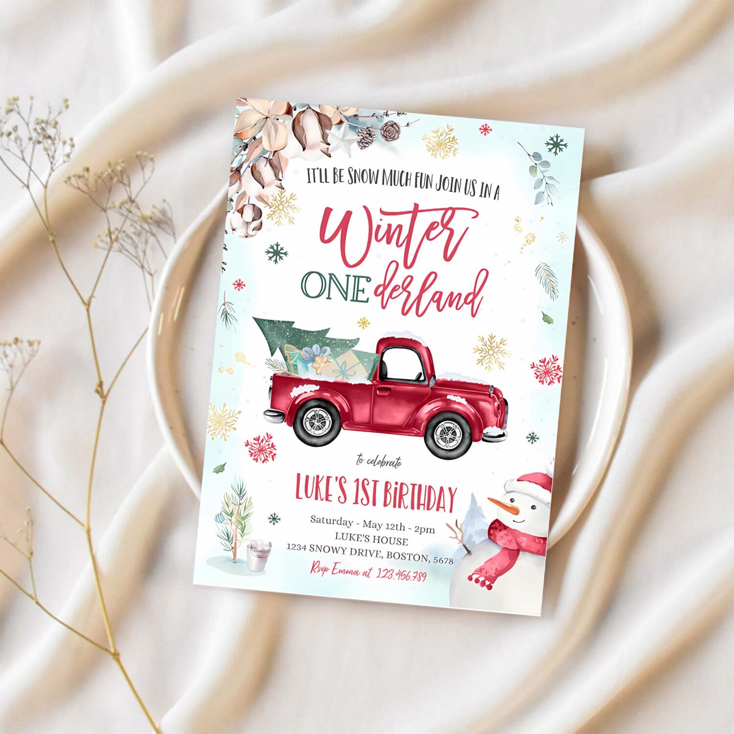 Winter onederland invitation winter truck 1st birthday invitation rustic red truck truck winter party 1