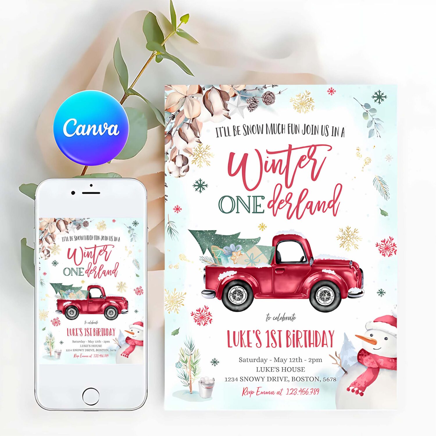 Winter onederland invitation winter truck 1st birthday invitation rustic red truck truck winter party