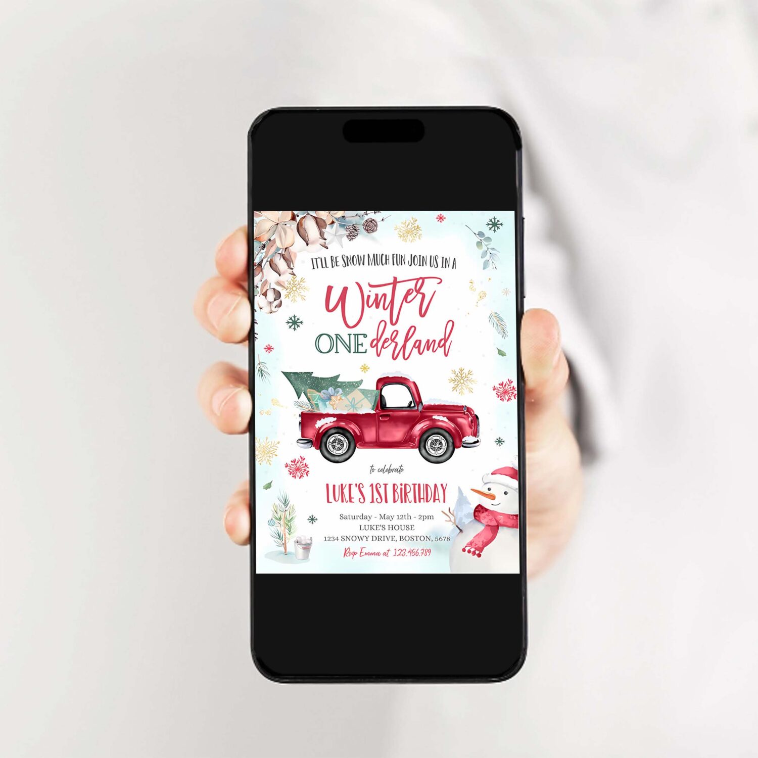Winter onederland invitation winter truck 1st birthday invitation rustic red truck truck winter party 2